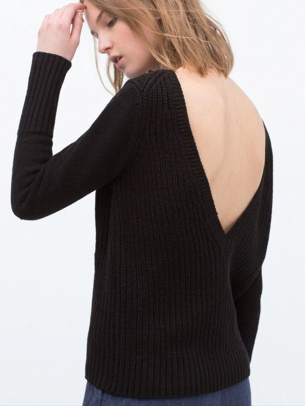Zara Womens Black 100% Cotton Chunky Knit Sweater Deep V Open Back Ribbed Size M
